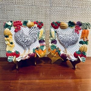 🌟HP🌟VTG 1990s Fitz & Floyd Rooster & Hen 8'' Hanging Farmhouse Wall Plates (2)